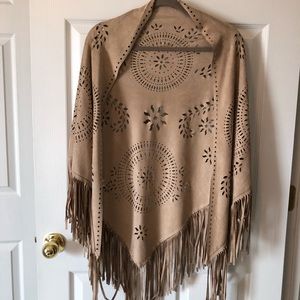 FAUX SUEDE TAN FRINGE SHAWL